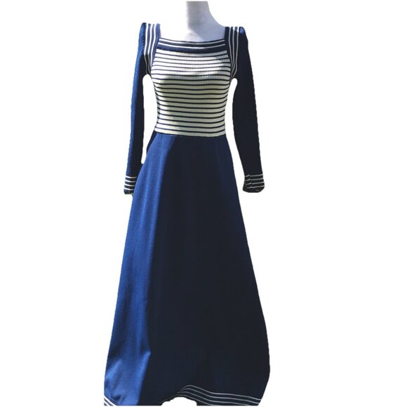 Vtg 60s 70s Giamo Knits Mod Navy Blue Striped Knit Maxi Sailor Sweater Dress USA - Picture 2 of 16